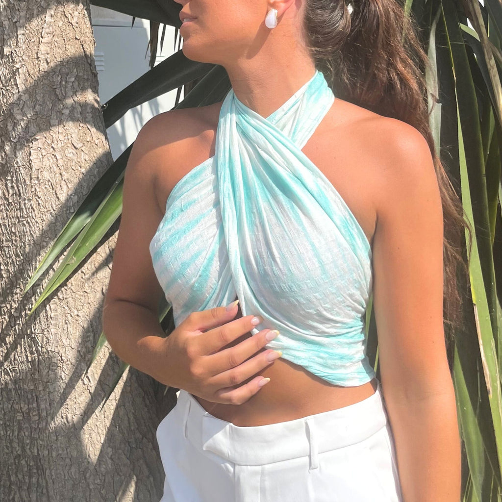 Estola/Bufanda de arte bohemio de Java - Rayas turquesa y motivo - 62x200 cm