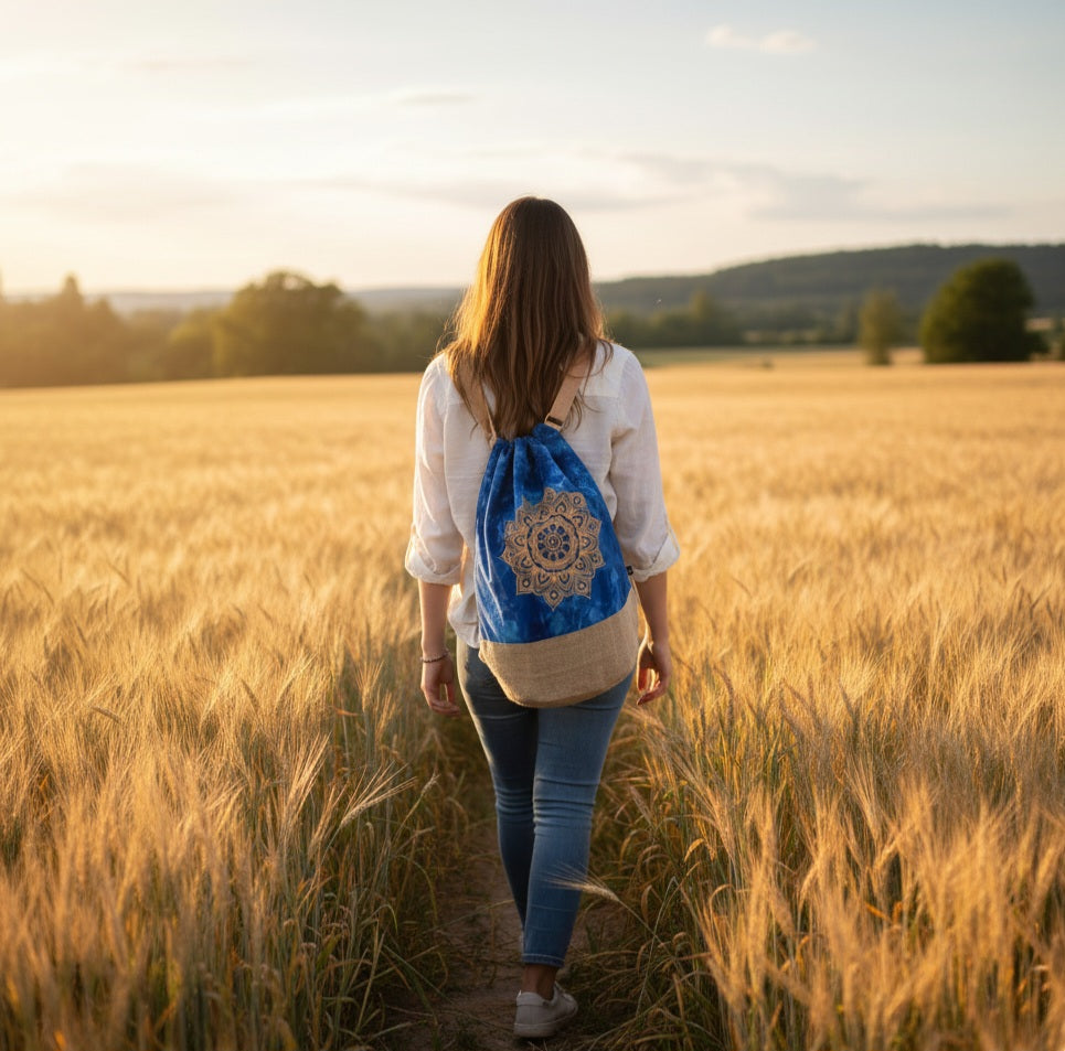 Mochila 100% Natural - Efecto Lavado Azul - Mandala